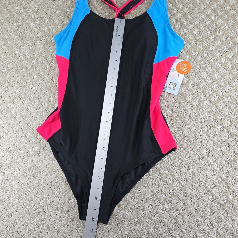 NWT Women's One Piece Swimsuit Medium Black Pink Blue Racerback UPF 50+ - Picture 8 of 9
